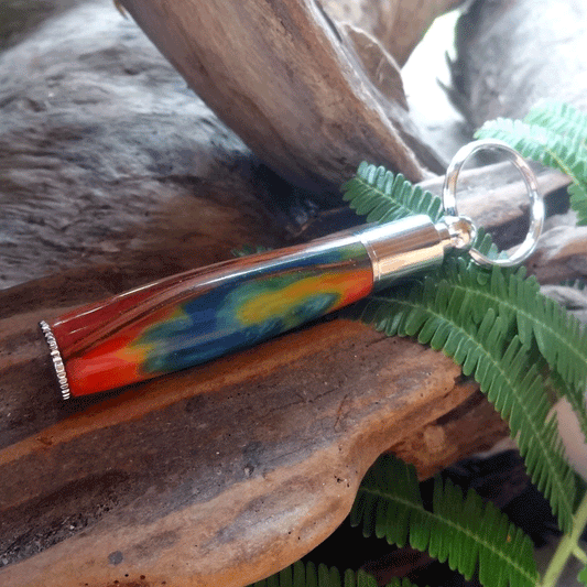 Driftwood and rainbow coloured resin key chain pen