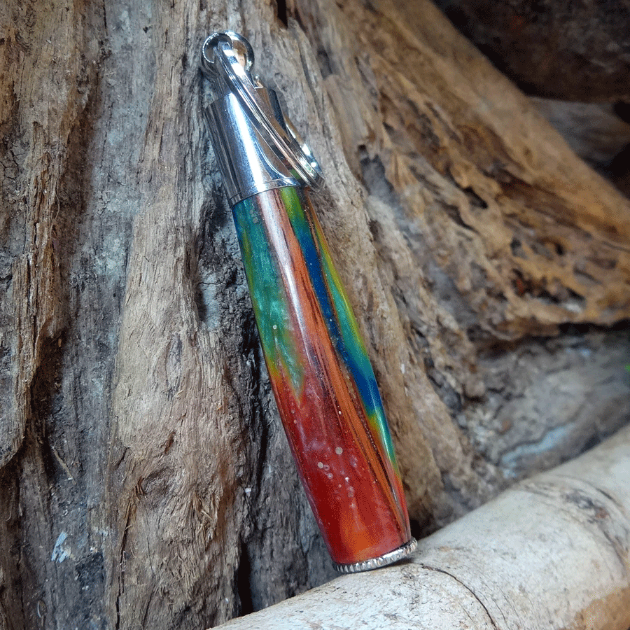 Driftwood and rainbow coloured resin key chain pen