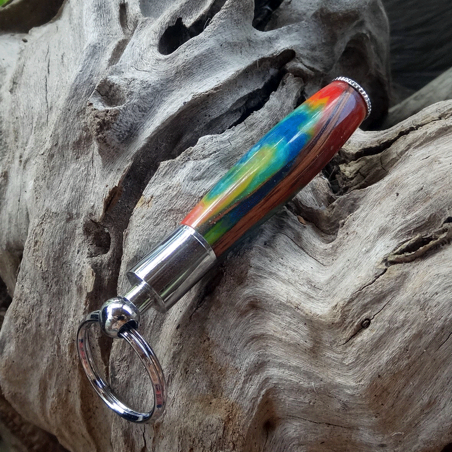 Driftwood and rainbow coloured resin key chain pen