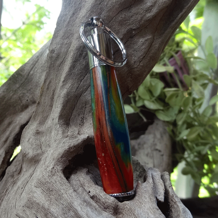 Driftwood and rainbow coloured resin key chain pen