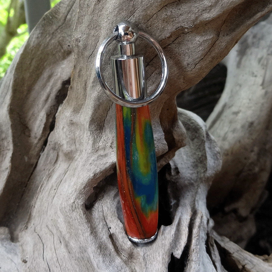 Driftwood and rainbow coloured resin key chain pen