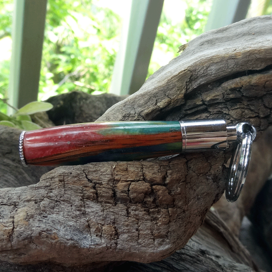 Driftwood and rainbow coloured resin key chain pen