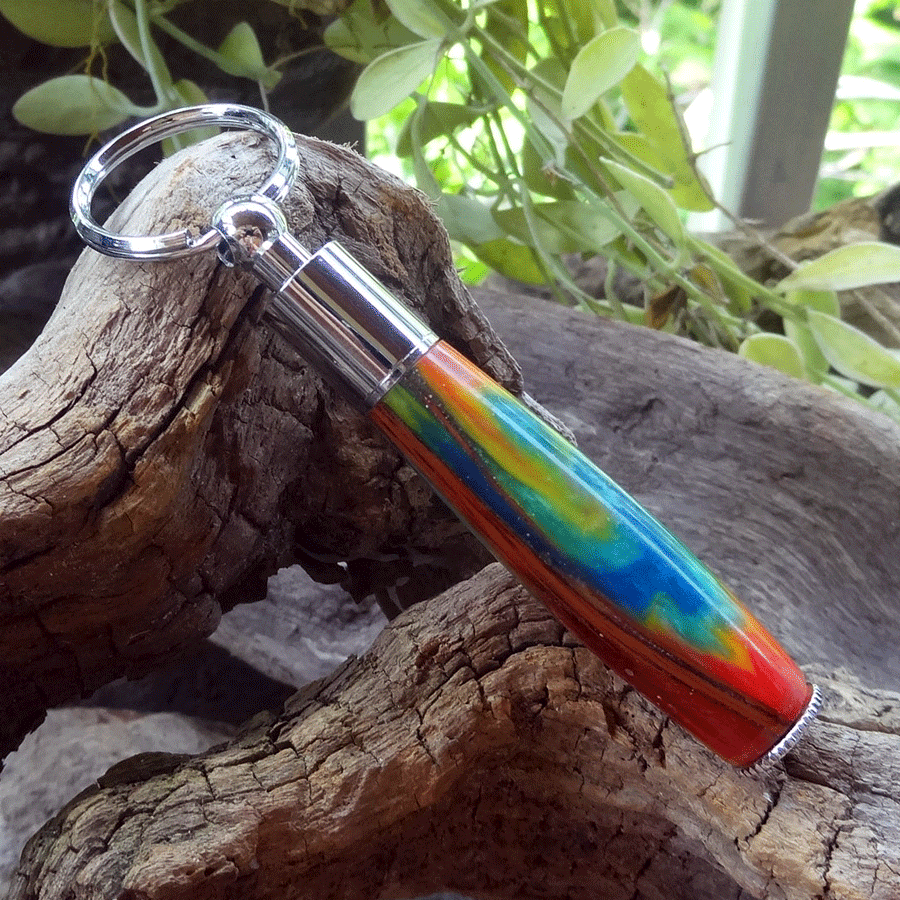 Driftwood and rainbow coloured resin key chain pen