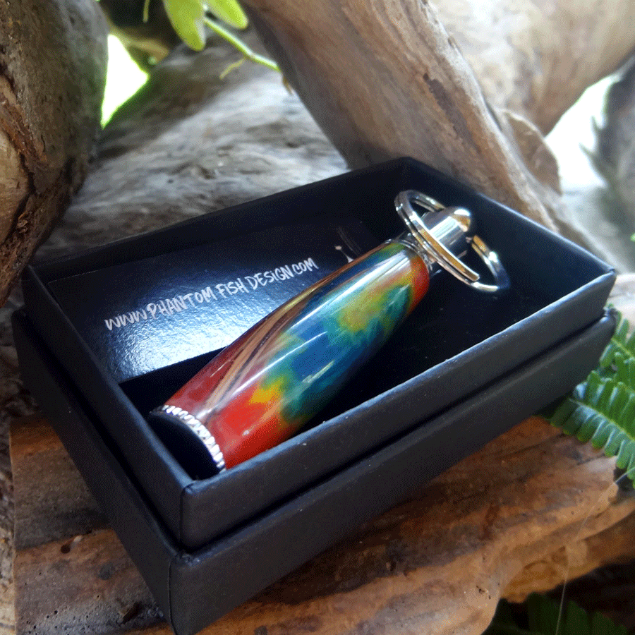 Driftwood and rainbow coloured resin key chain pen