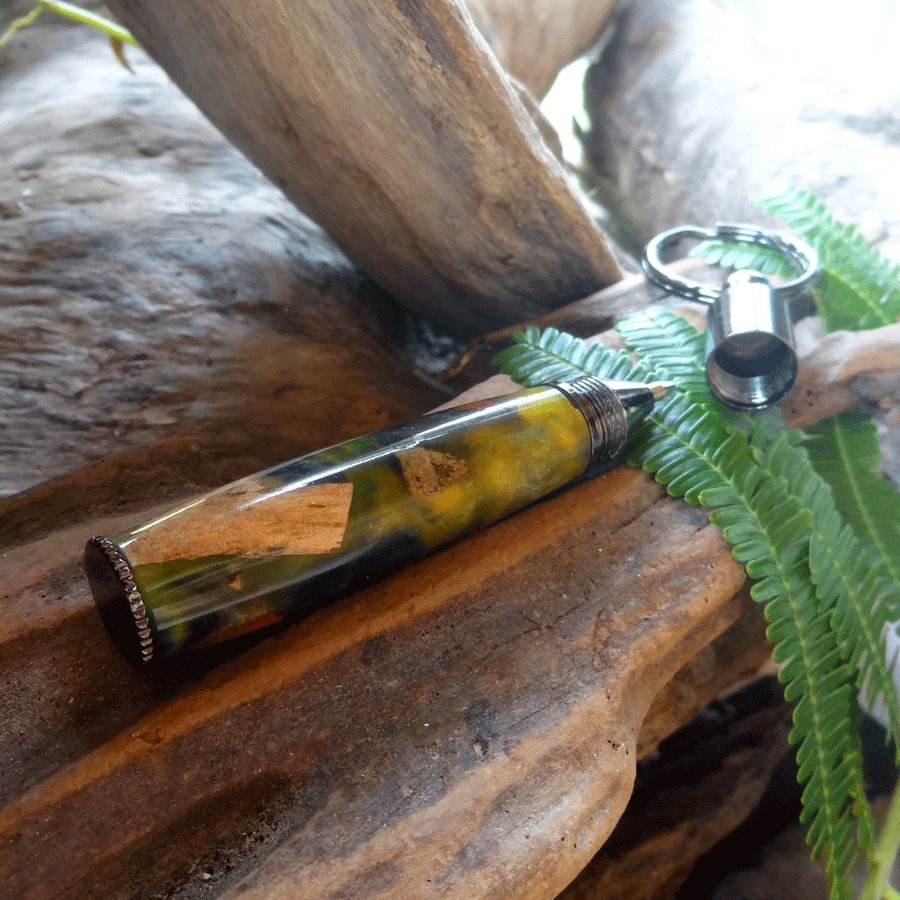 Driftwood and green resin key chain pen