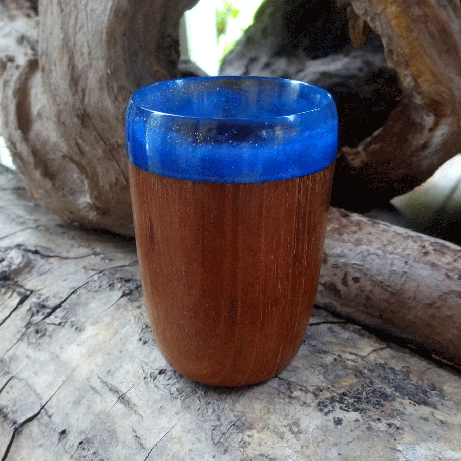 Driftwood and blue resin shot glass