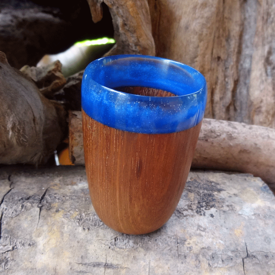 Driftwood and blue resin shot glass