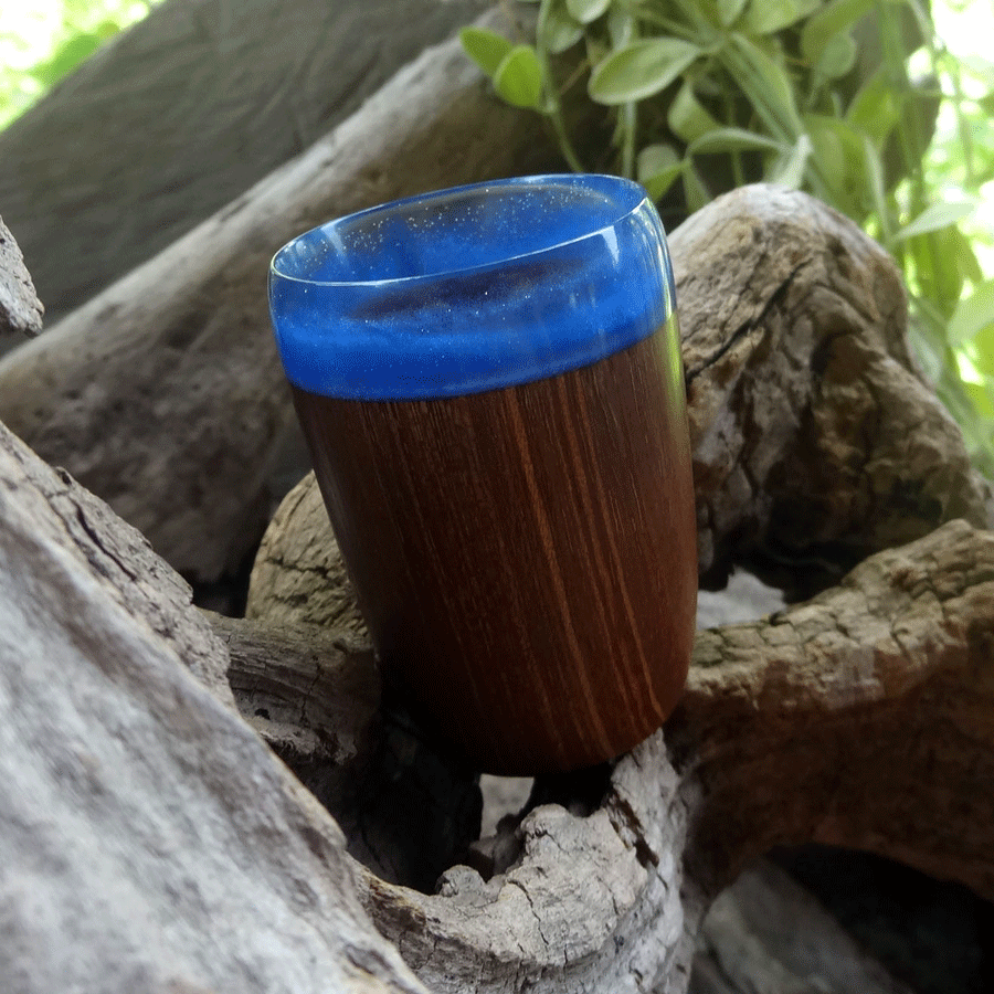 Driftwood and blue resin shot glass