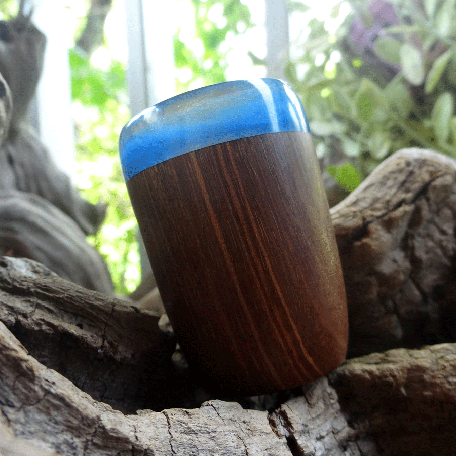 Driftwood and blue resin shot glass