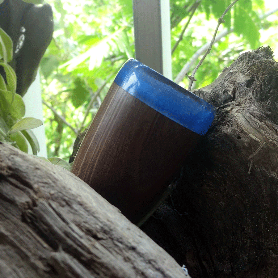 Driftwood and blue resin shot glass