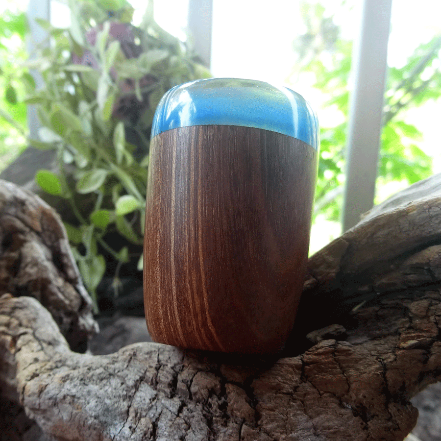 Driftwood and blue resin shot glass