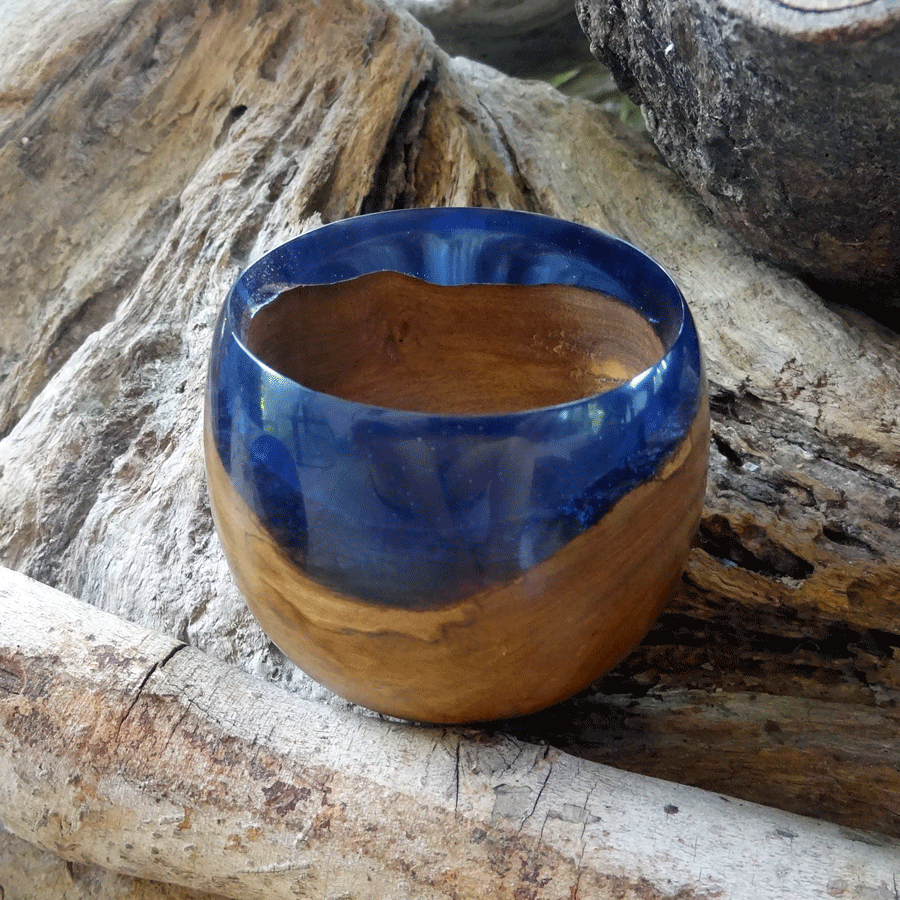 Driftwood and blue resin ornamental mini bowl