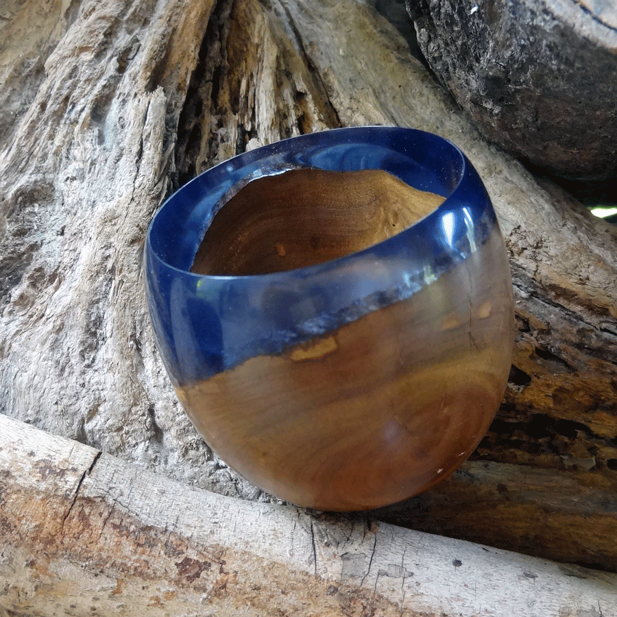 Driftwood and blue resin ornamental mini bowl