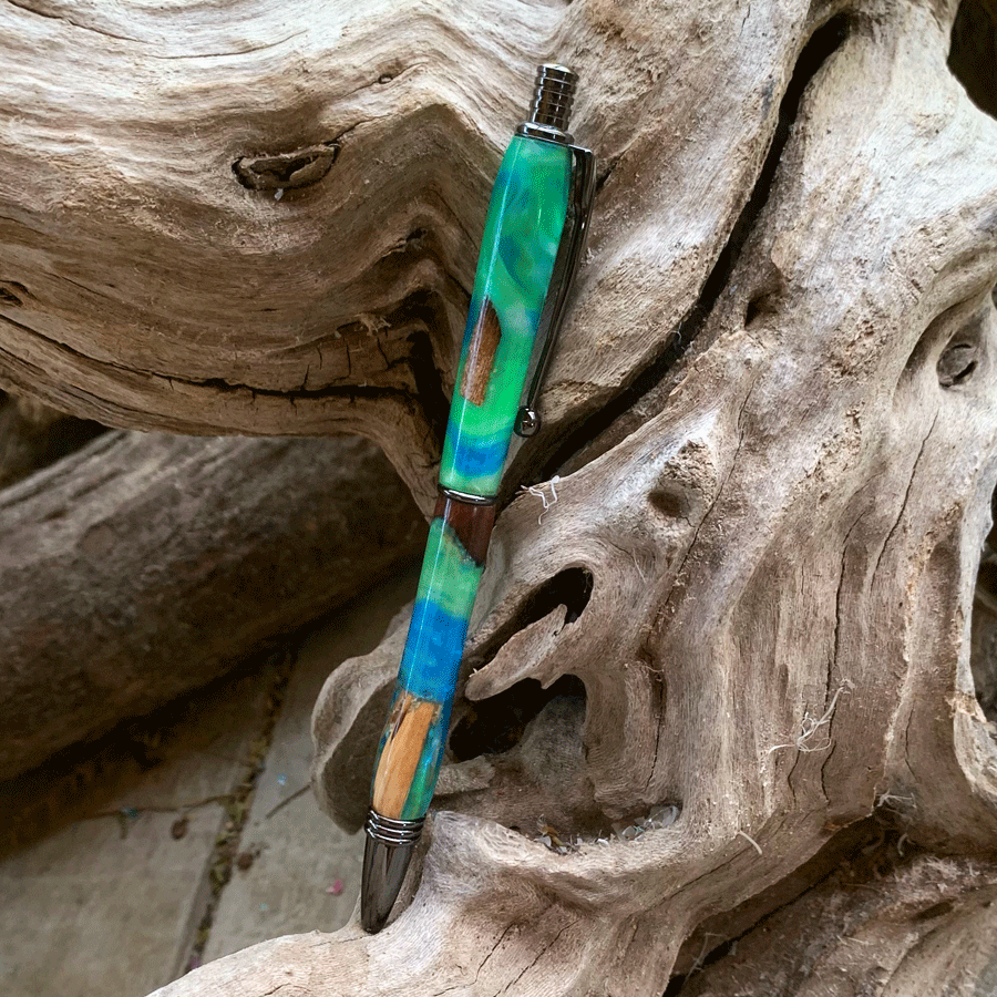 Driftwood and green and blue resin pen