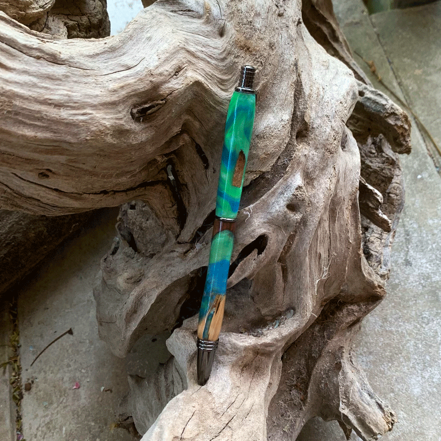 Driftwood and green and blue resin pen