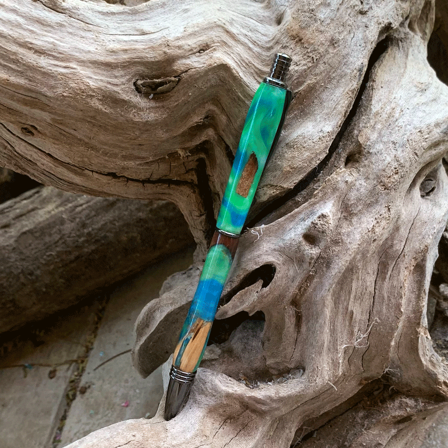 Driftwood and green and blue resin pen