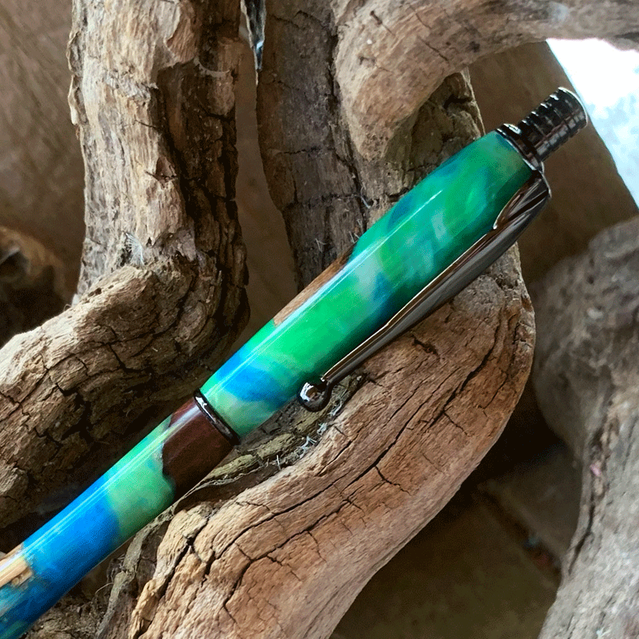 Driftwood and green and blue resin pen