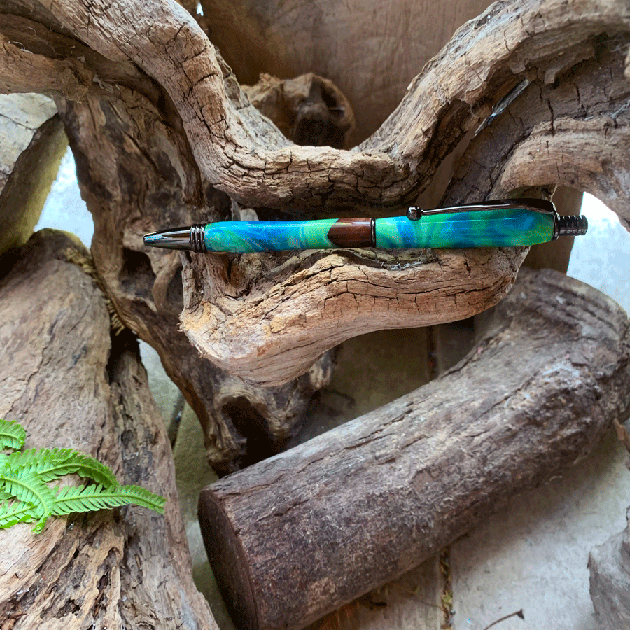 Driftwood and green and blue resin pen