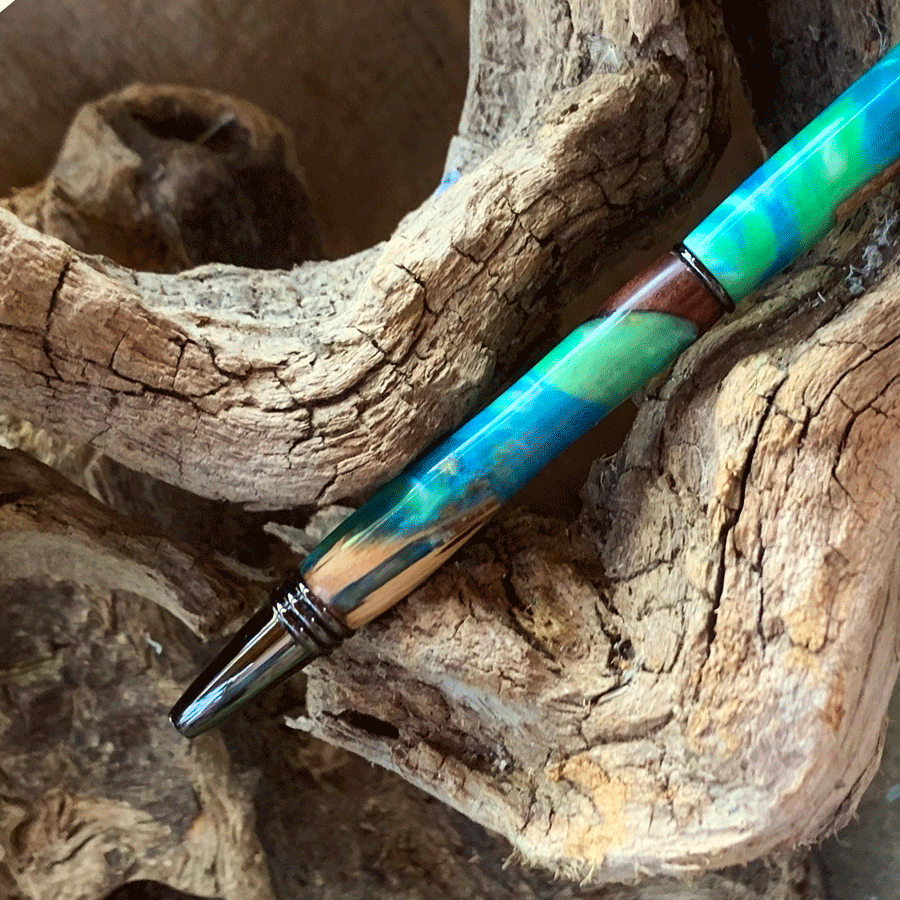 Driftwood and green and blue resin pen