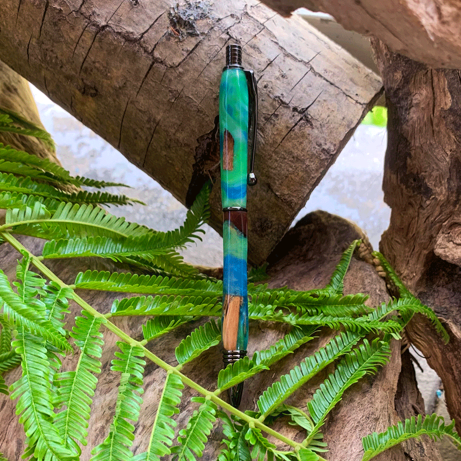 Driftwood and green and blue resin pen