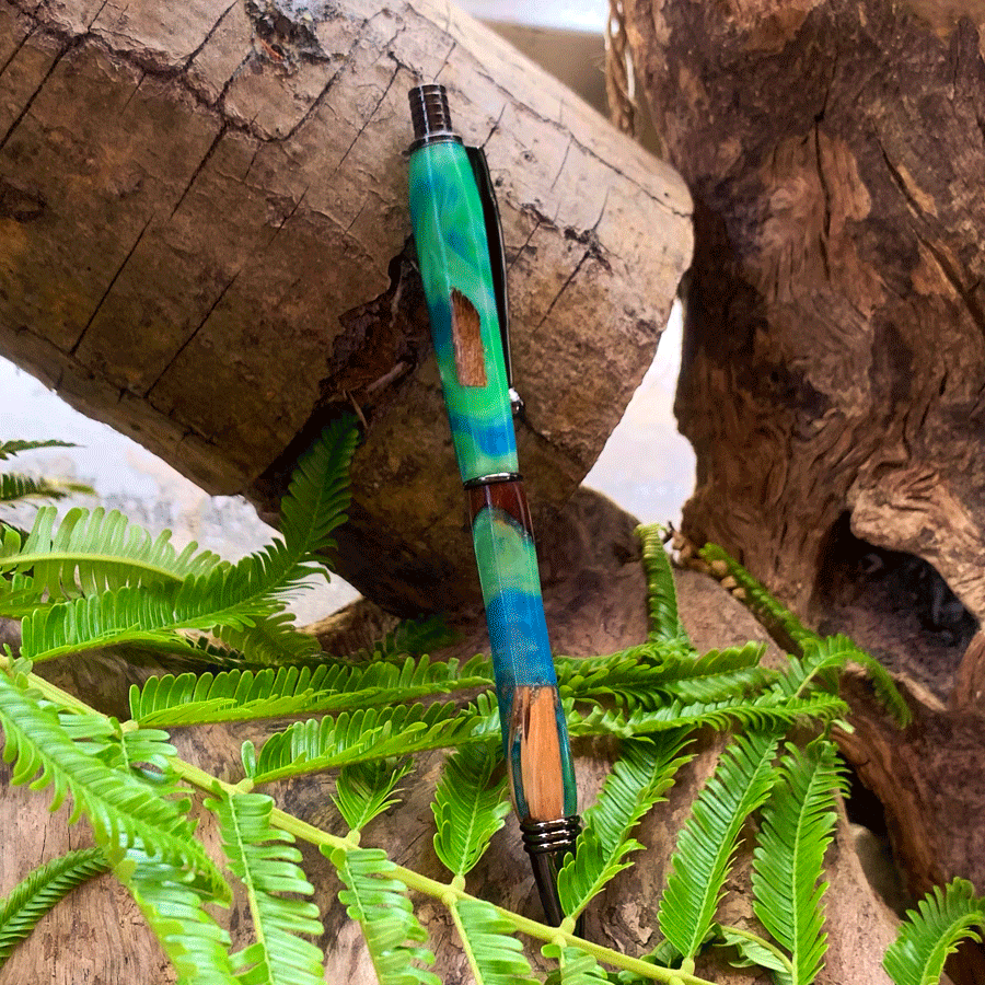 Driftwood and green and blue resin pen