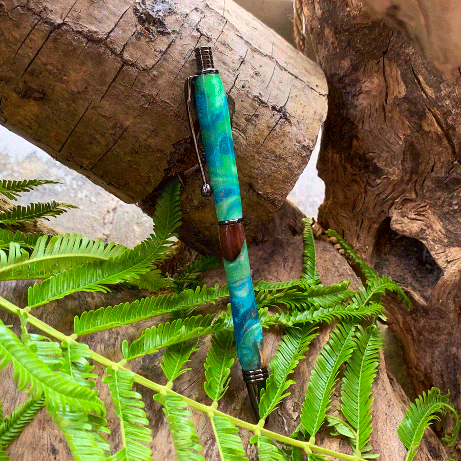 Driftwood and green and blue resin pen