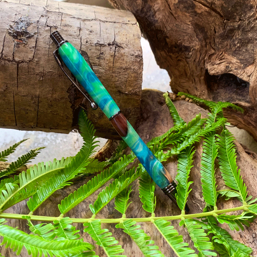 Driftwood and green and blue resin pen