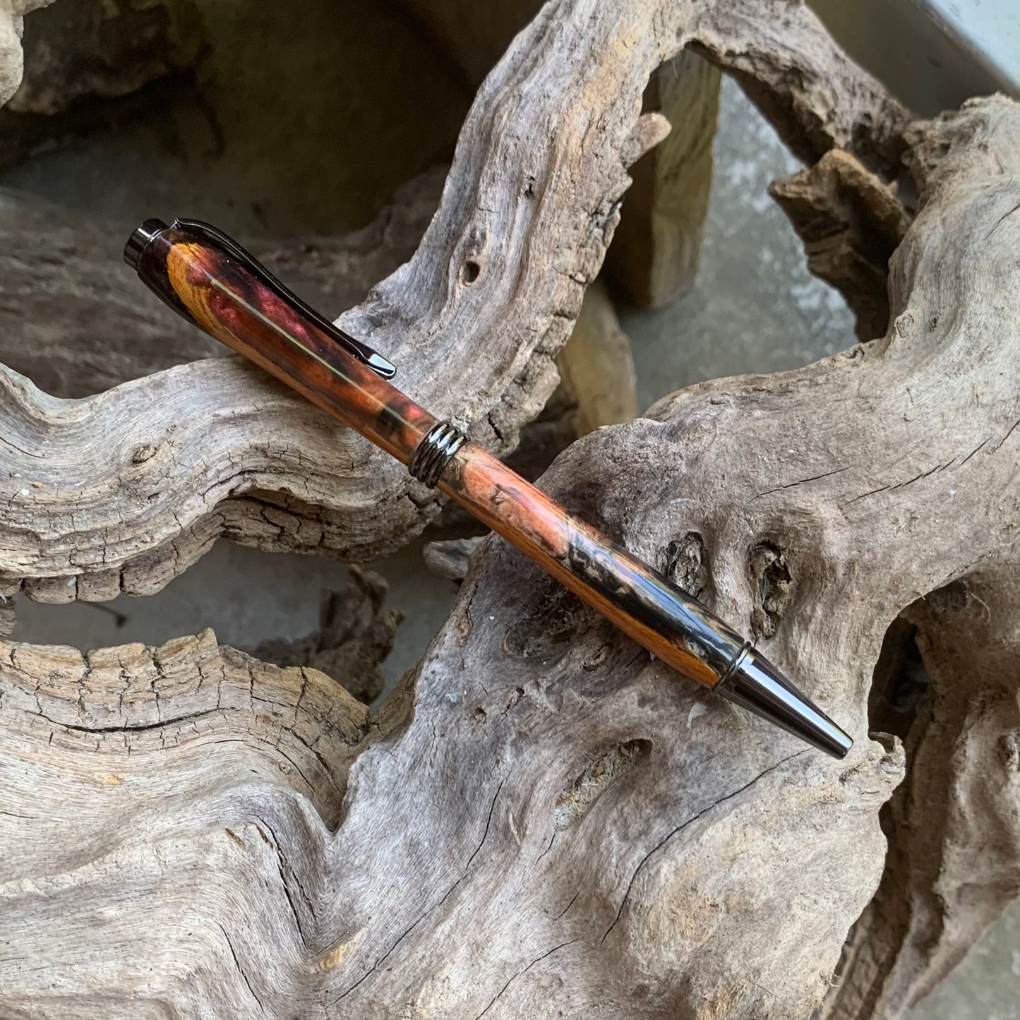 Driftwood and black and red resin pen