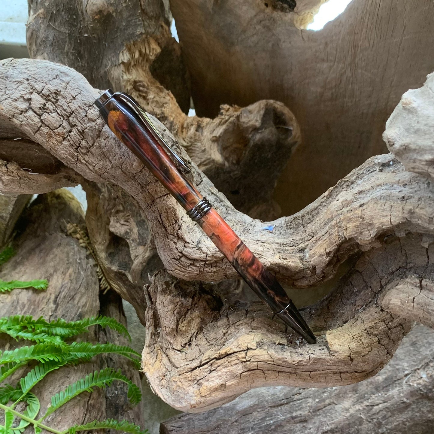 Driftwood and black and red resin pen