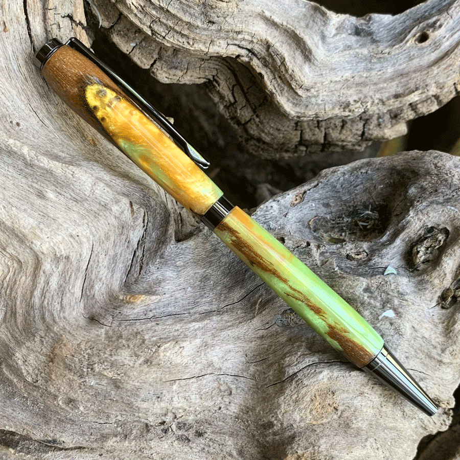 Driftwood and gold and green resin pen