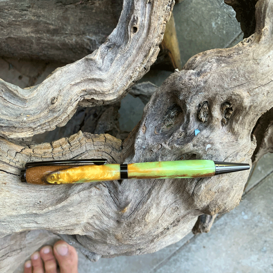 Driftwood and gold and green resin pen