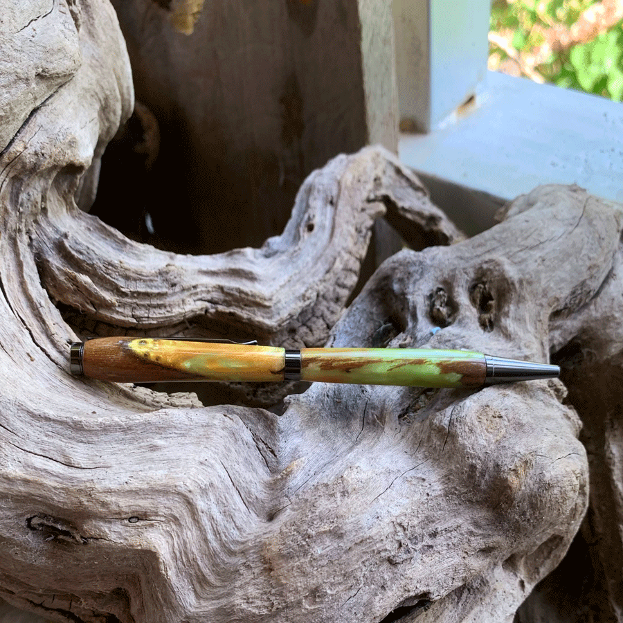 Driftwood and gold and green resin pen