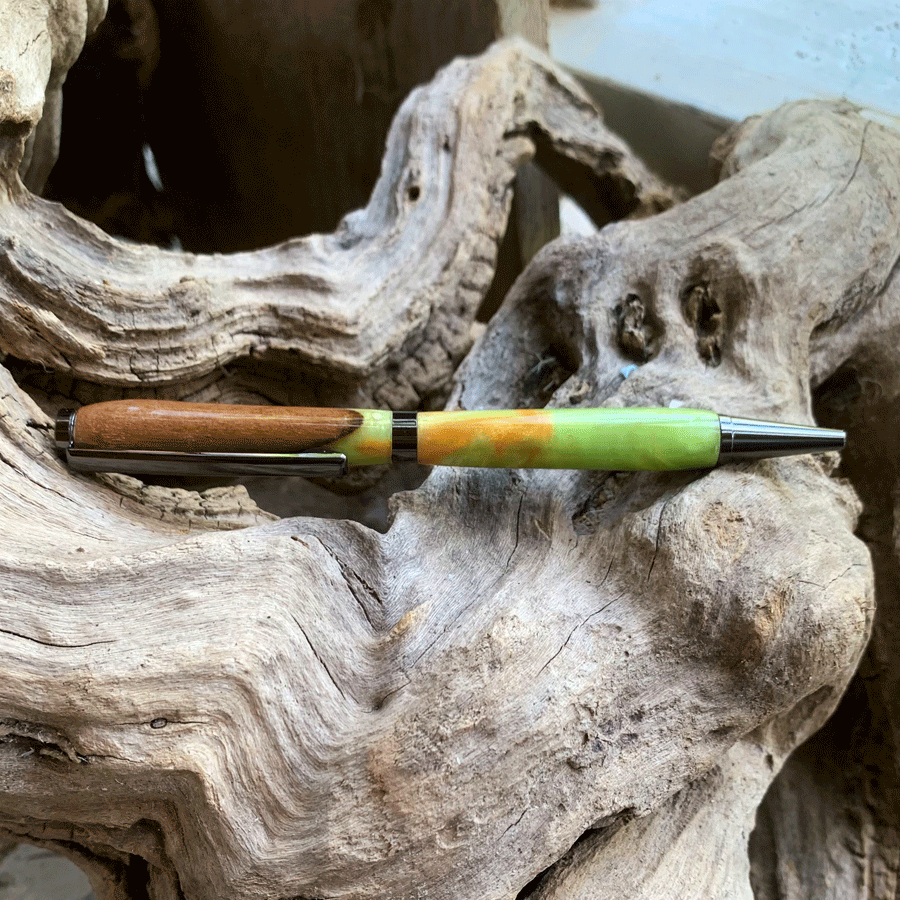 Driftwood and gold and green resin pen