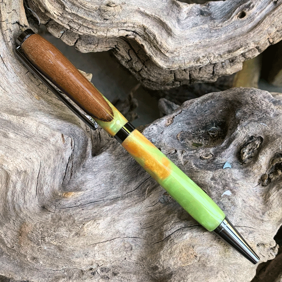 Driftwood and gold and green resin pen