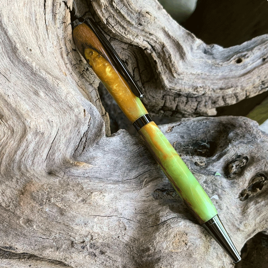 Driftwood and gold and green resin pen