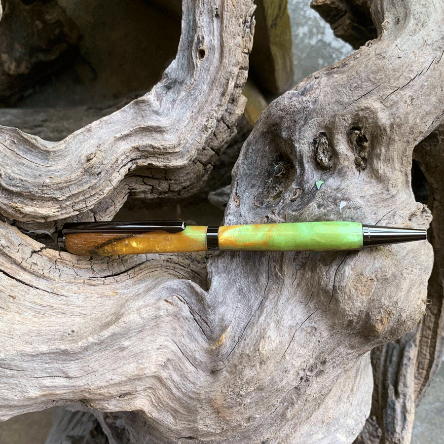 Driftwood and gold and green resin pen