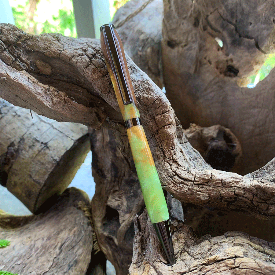 Driftwood and gold and green resin pen