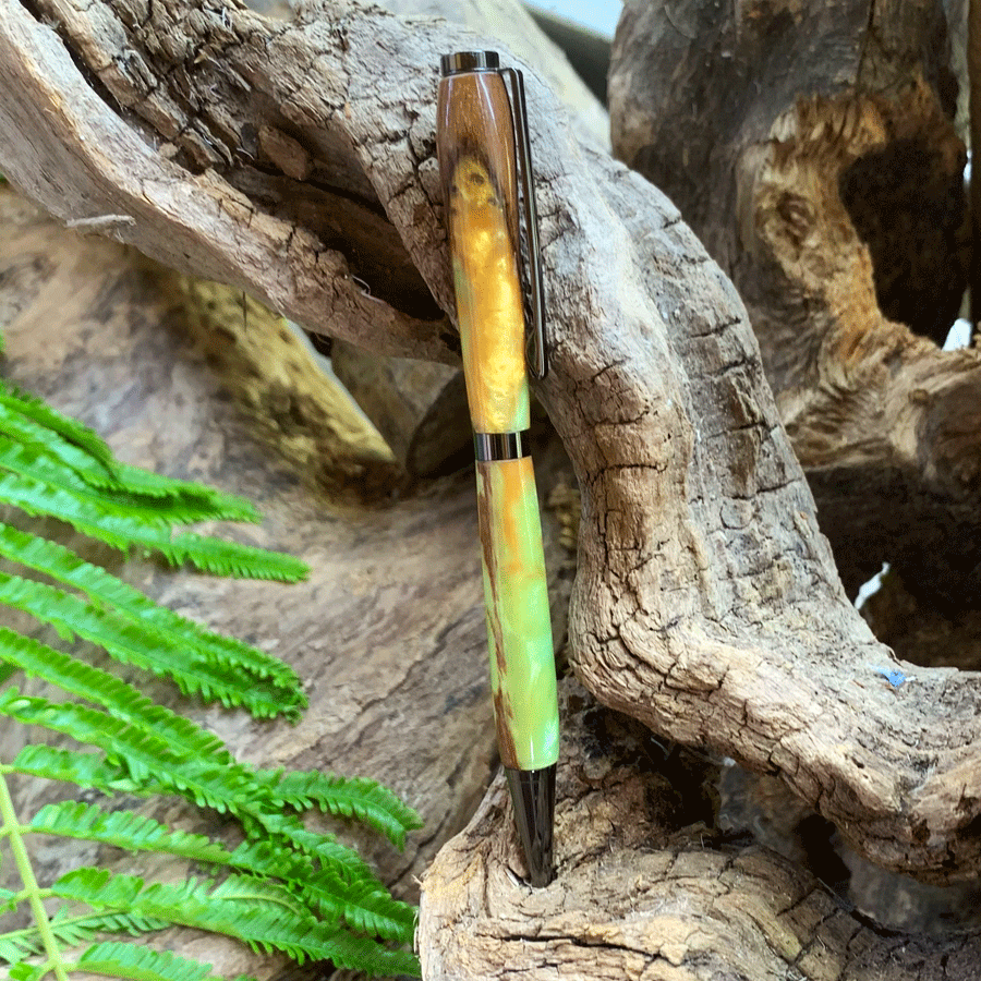 Driftwood and gold and green resin pen