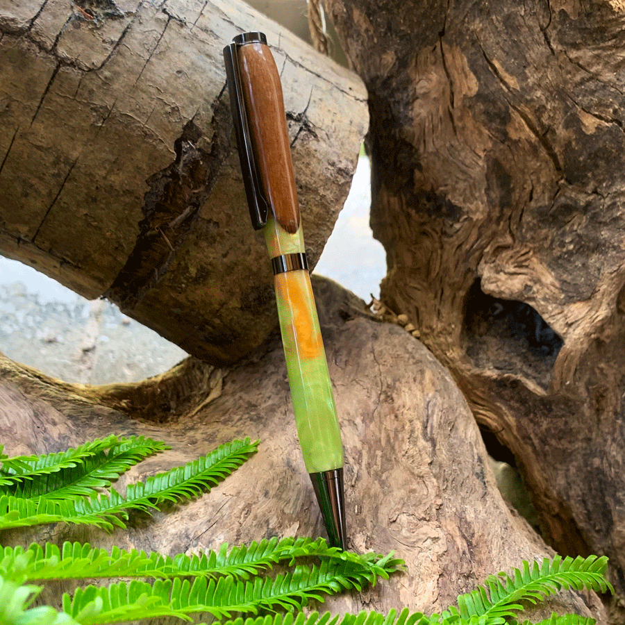 Driftwood and gold and green resin pen