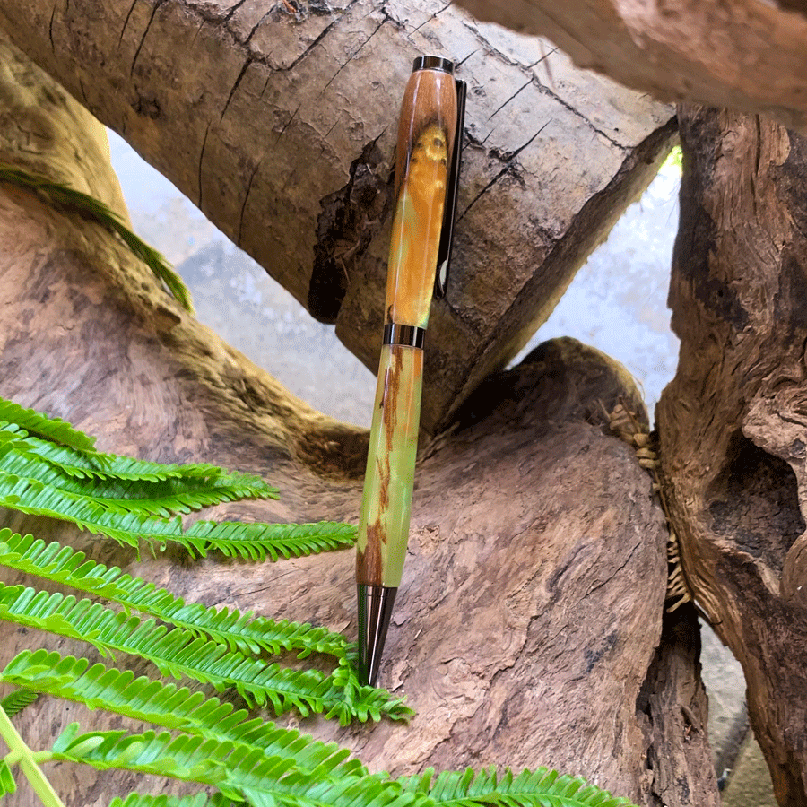 Driftwood and gold and green resin pen