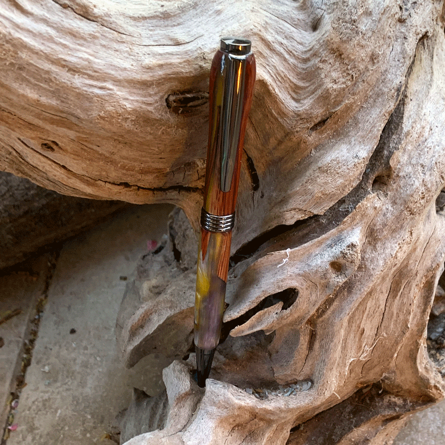 Driftwood and yellow and silver resin pen