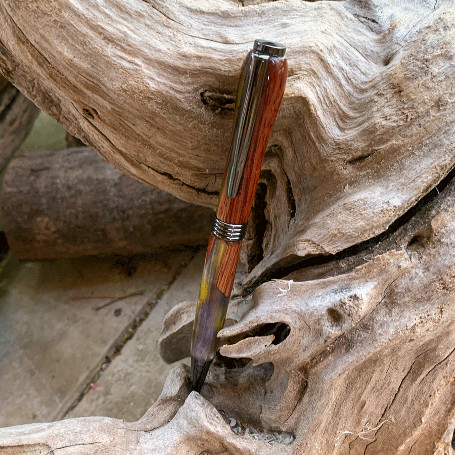 Driftwood and yellow and silver resin pen