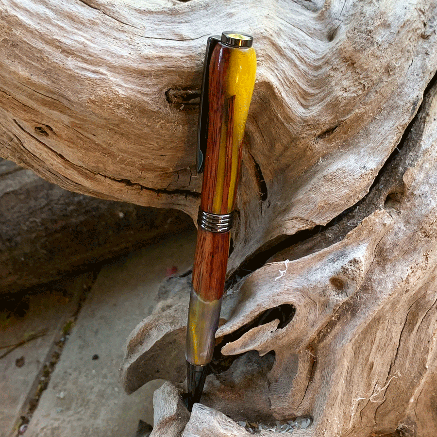 Driftwood and yellow and silver resin pen