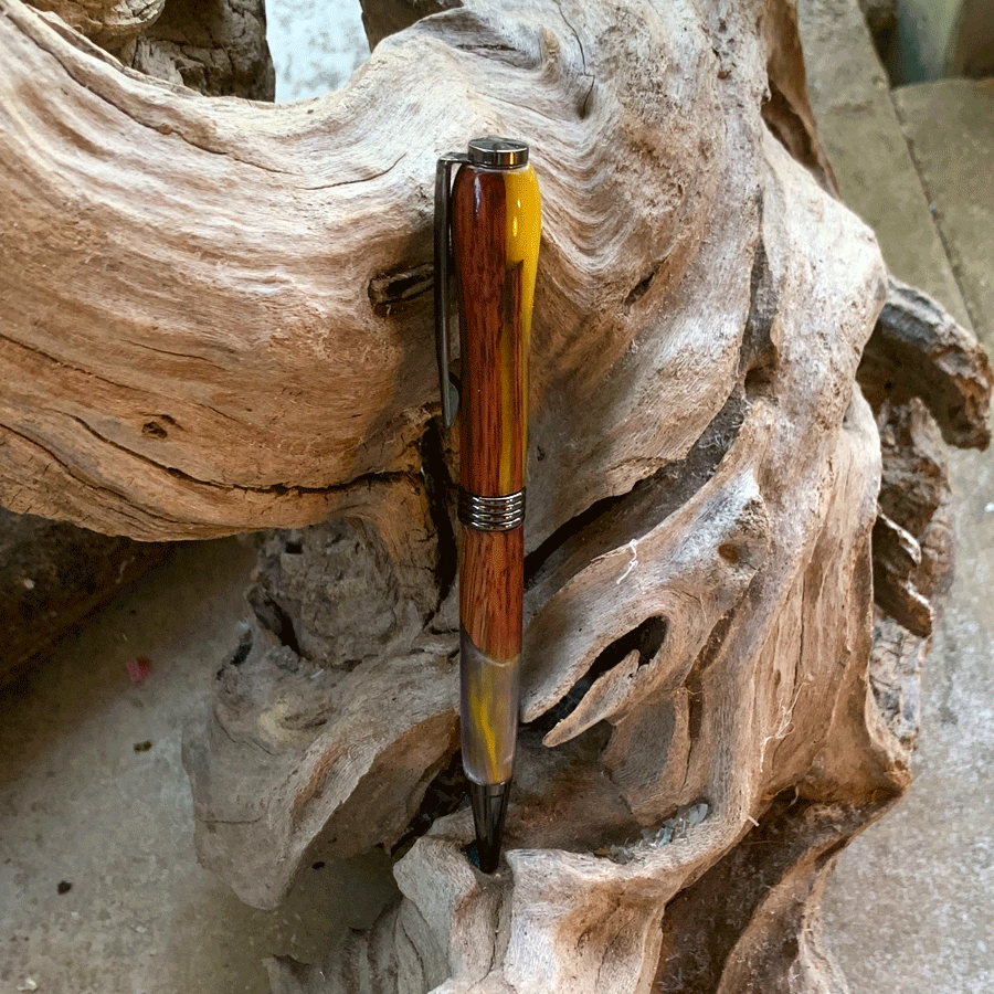 Driftwood and yellow and silver resin pen