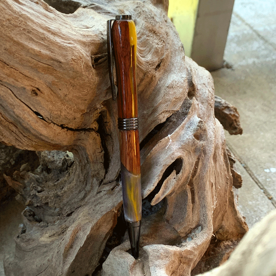 Driftwood and yellow and silver resin pen