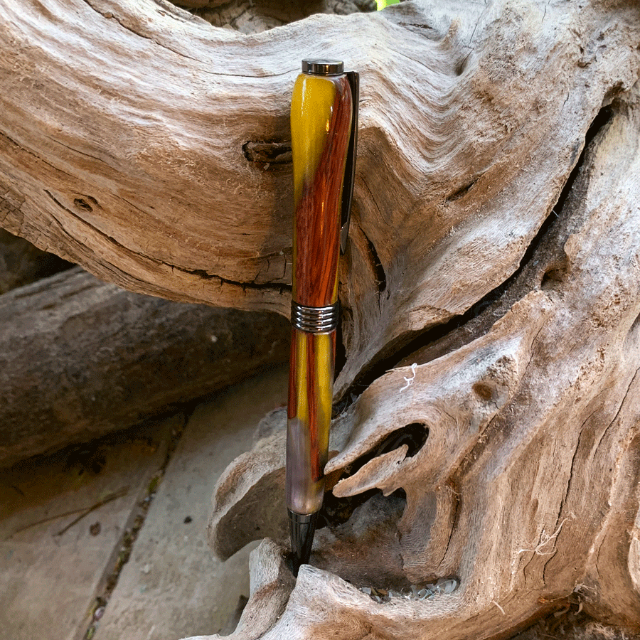 Driftwood and yellow and silver resin pen