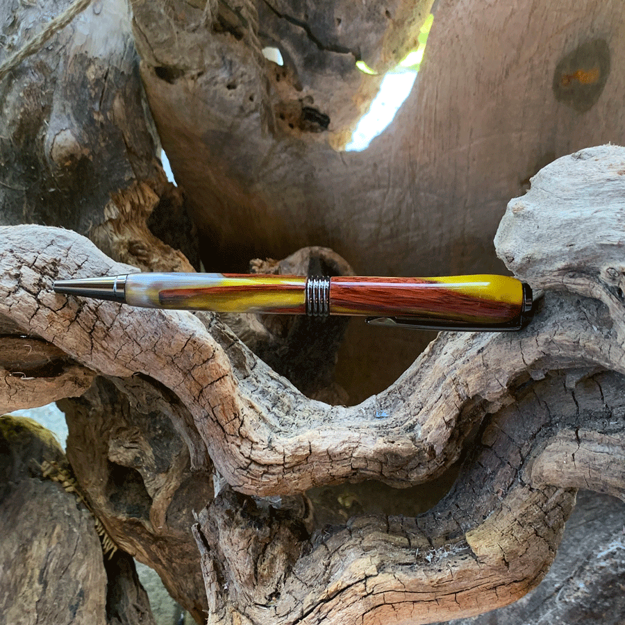 Driftwood and yellow and silver resin pen