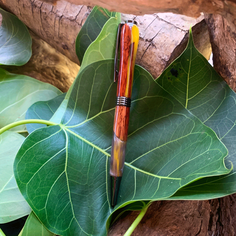 Driftwood and yellow and silver resin pen