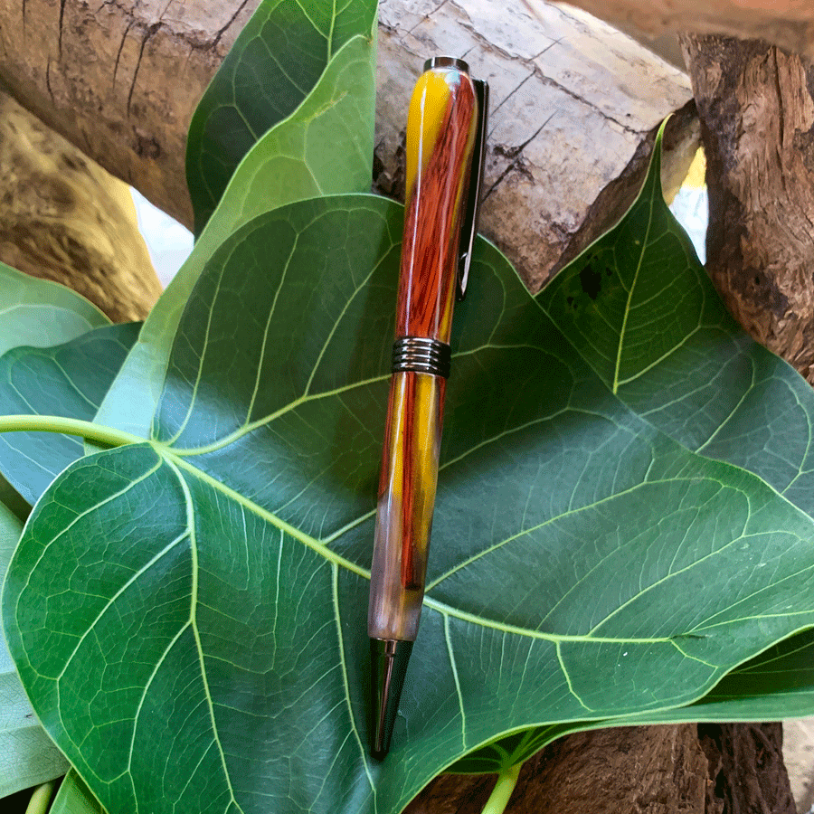 Driftwood and yellow and silver resin pen