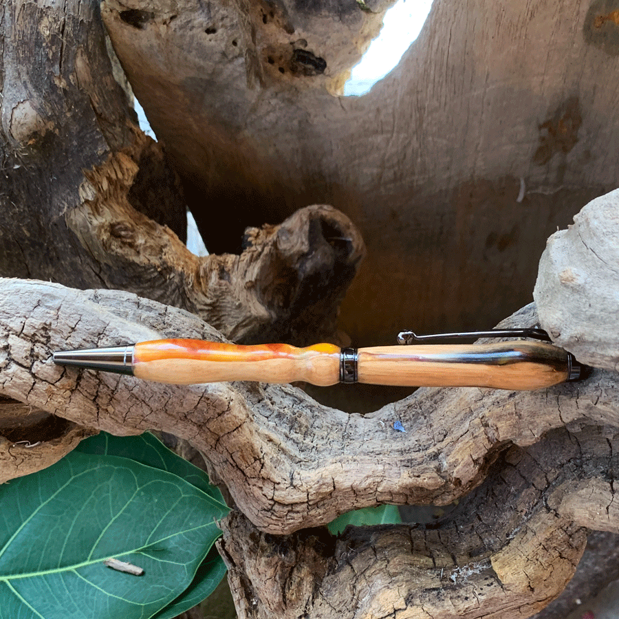 Driftwood and yellow and red resin pen